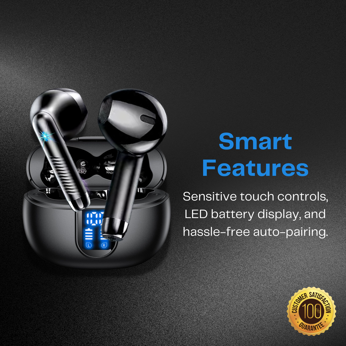 FABROZ Bluetooth 5.3 Wireless Earbuds – Noise Cancelling, LCD Display Earbuds